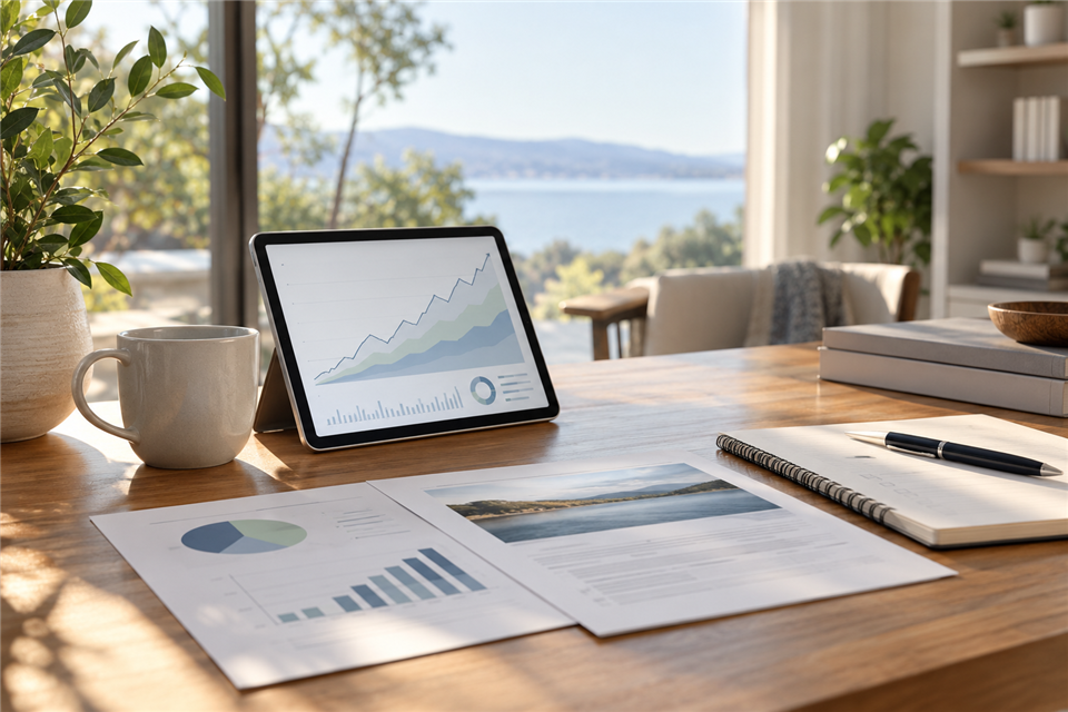 Moderne Unterlagen und Tablet zur langfristigen Altersvorsorge