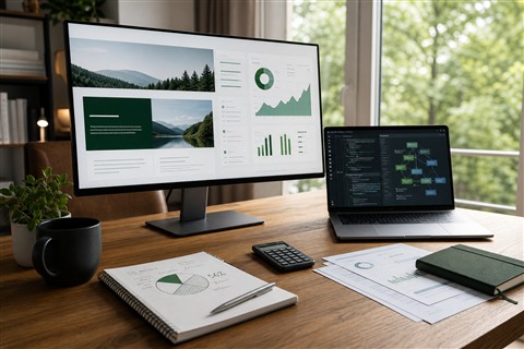 Moderner Arbeitsplatz mit neu gestaltetem Finanzblog und Portfolioauswertungen