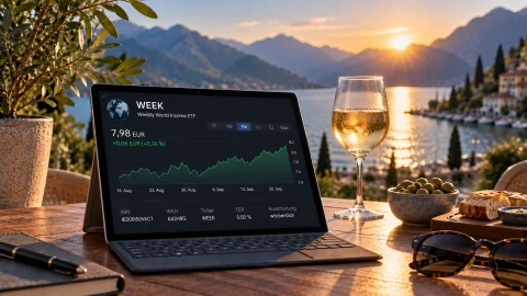 Tablet mit WEEK ETF vor einem See bei Sonnenuntergang