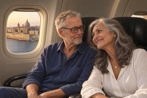 Entspanntes Paar auf einer Flugreise mit Blick auf eine italienische Stadt.