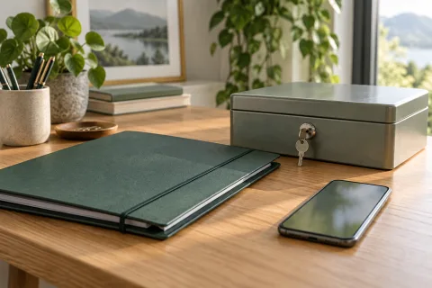 Grüne Dokumentenmappe neben verschlossener Kassette und Smartphone