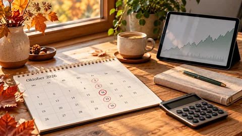 Herbstlicher Schreibtisch mit Oktober-Kalender und markierten Freitagen für den wöchentlichen Ausschüttungsrhythmus