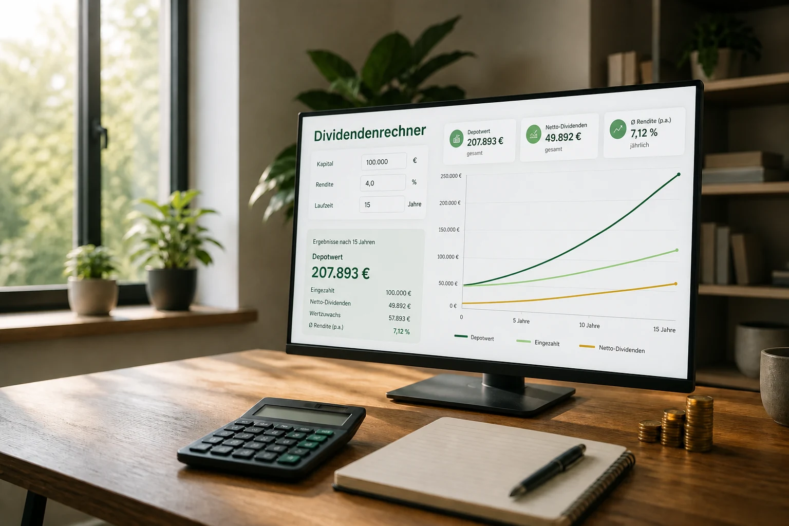 Monitor mit deutlich ansteigendem Finanzchart in einem ruhigen Homeoffice