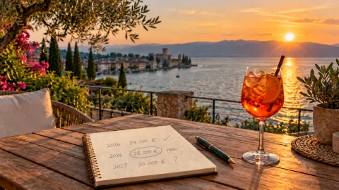 Notizblock auf einer Terrasse am Gardasee: 24.000 Euro netto für 2026 sind abgehakt, 28.000 Euro als neues Ziel markiert und 30.000 Euro für 2027 mit Fragezeichen notiert.