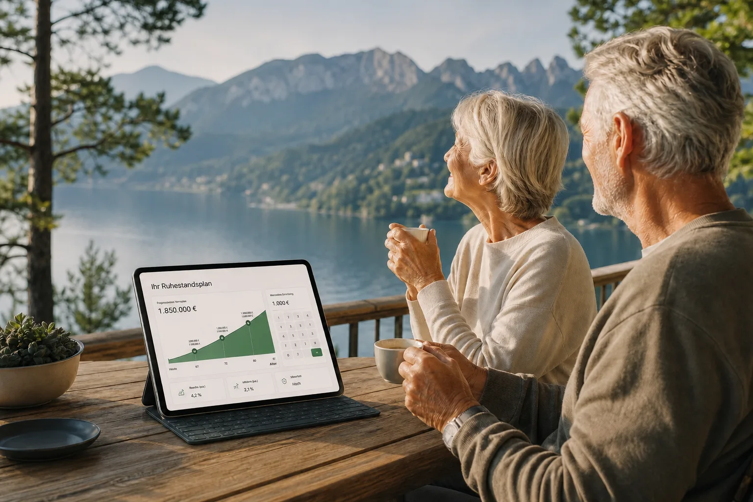 Entspannter Ruhestand am See mit einer digitalen Finanzplanung auf dem Tisch